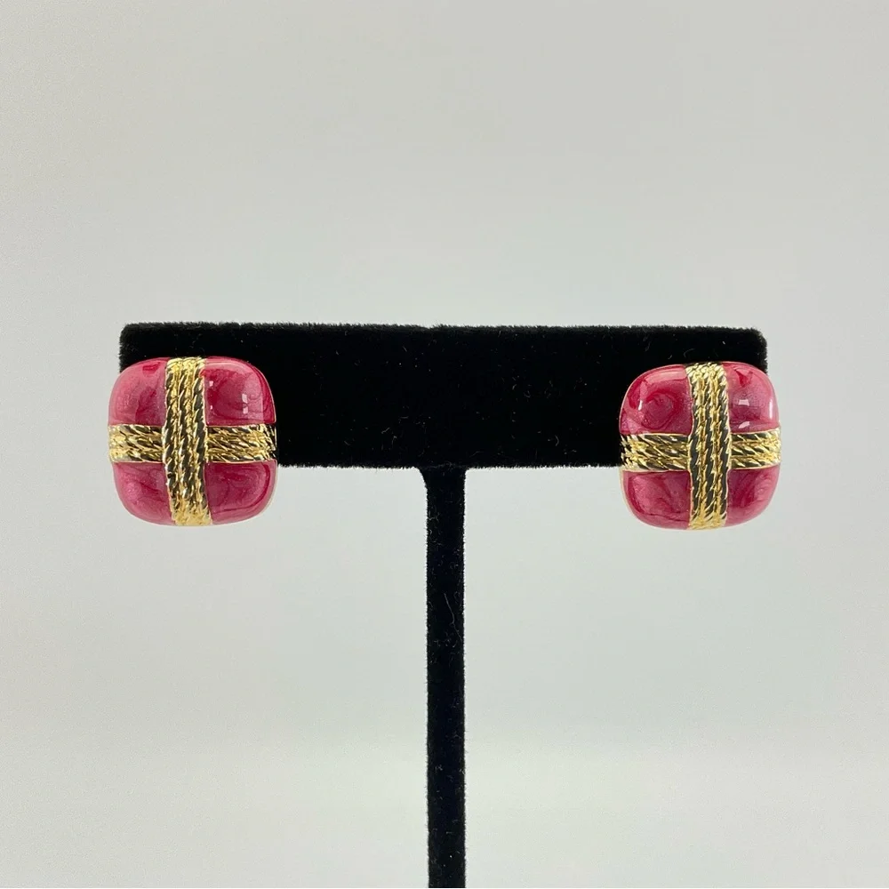 Vintage Pink Enamel Earrings, Mini Gift Box Stud Earrings, Pink & Gold